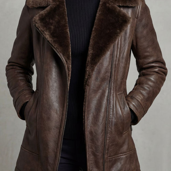 Chaqueta de cuero marrón con cuello efecto pelo