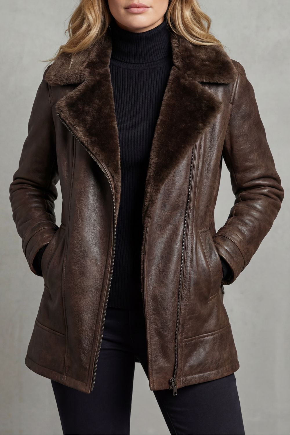 Chaqueta de cuero marrón con cuello efecto pelo