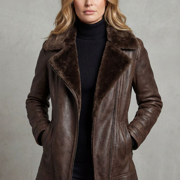 Chaqueta de cuero marrón con cuello efecto pelo