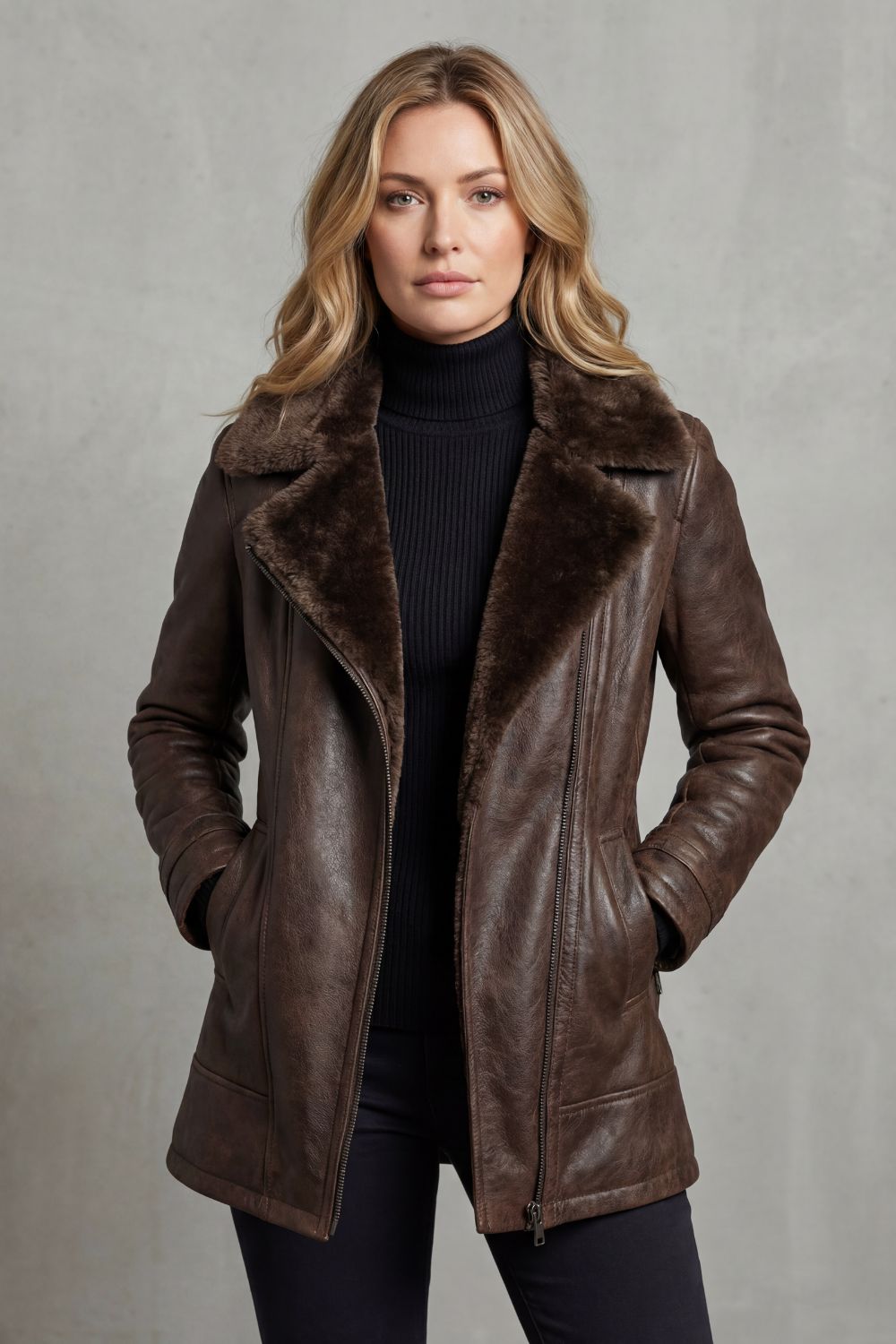 Chaqueta de cuero marrón con cuello efecto pelo