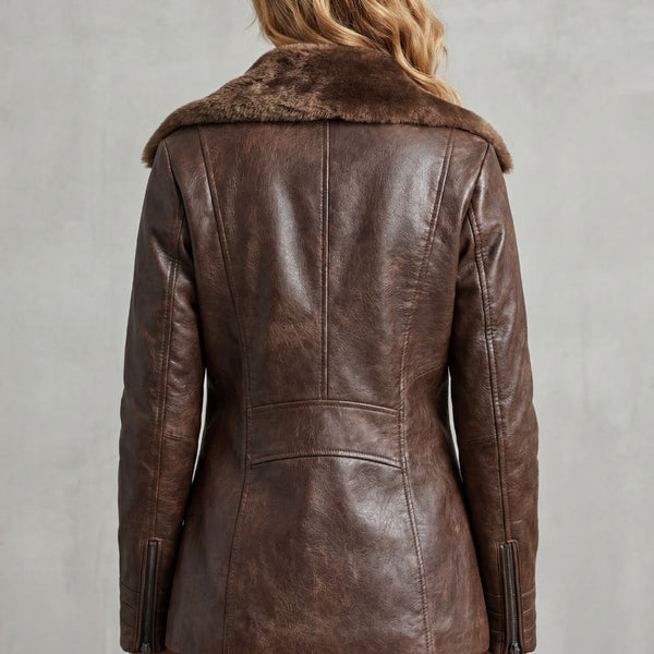 Chaqueta de cuero marrón con cuello efecto pelo