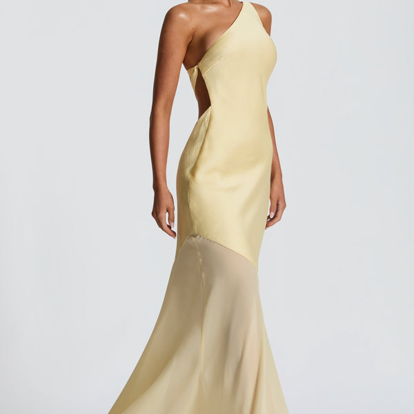 Vestido largo asimétrico amarillo pastel