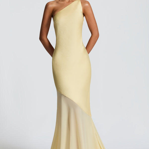 Vestido largo asimétrico amarillo pastel