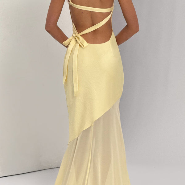 Vestido largo asimétrico amarillo pastel