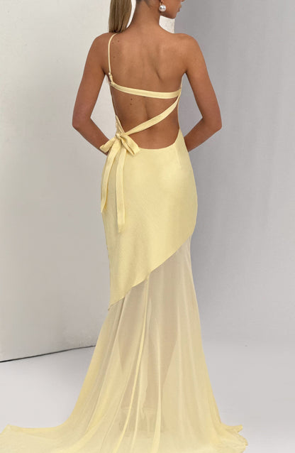 Vestido largo asimétrico amarillo pastel