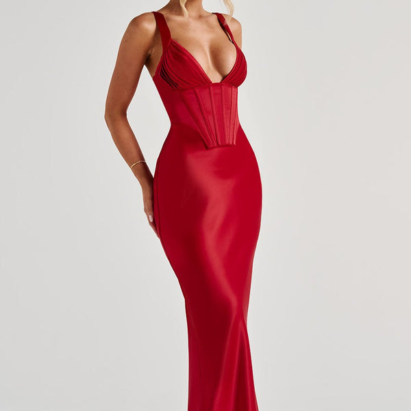 Vestido largo rojo con escote pronunciado y espalda con cordones