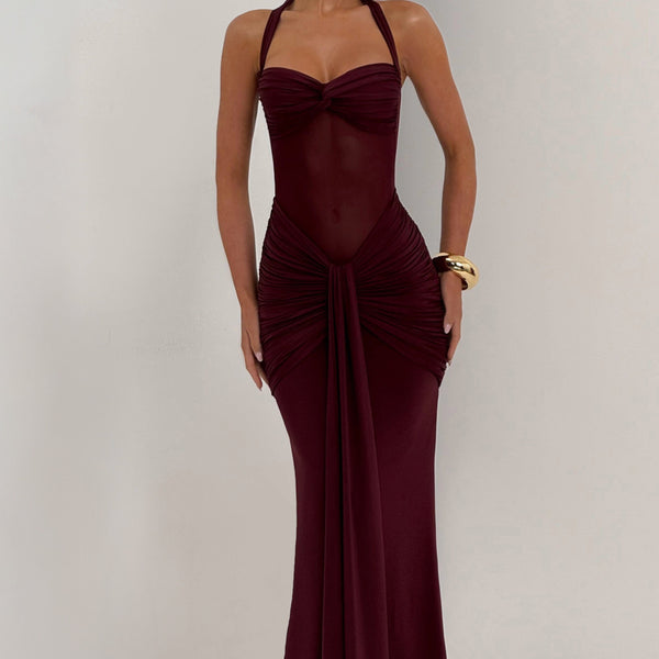 Vestido largo burdeos con espalda descubierta y drapeado